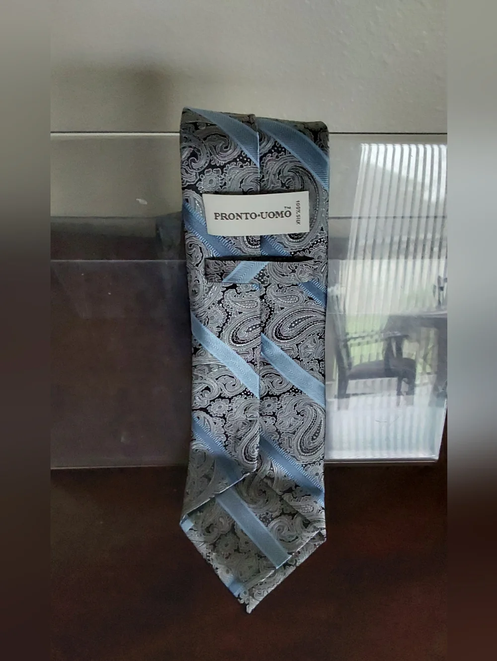 Pronto Uomo Silver Gray and Light Blue Paisley Diagonal‎ Stripe Silk Tie